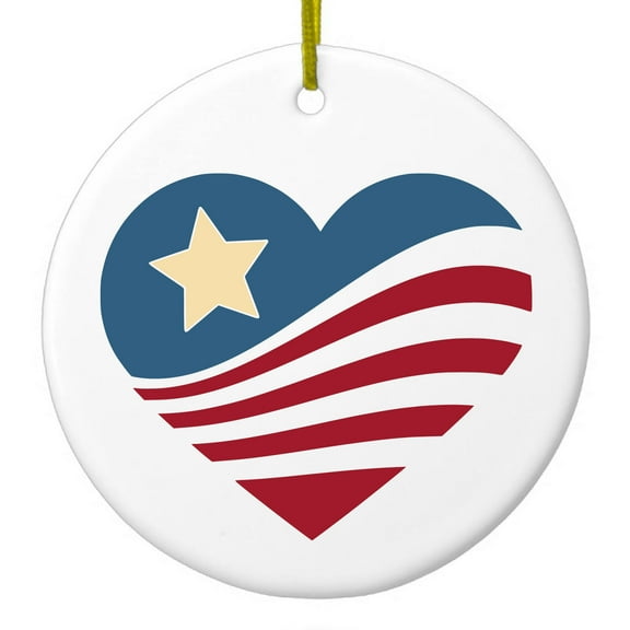 DistinctInk Hanging Ceramic Christmas Ornament - USA Heart Flag Single Star - Gold String, 2-3/4 inch Diameter