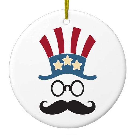 DistinctInk Hanging Ceramic Christmas Ornament - Uncle Sam Cartoon USA Patriotic - Gold String, 2-3/4 inch Diameter
