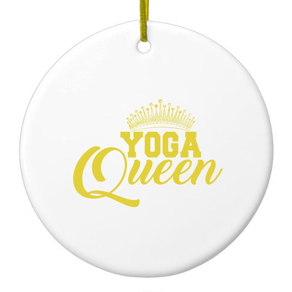 DistinctInk Hanging Ceramic Christmas Ornament - Yoga Queen Crown - Gold String, 2-3/4 inch Diameter