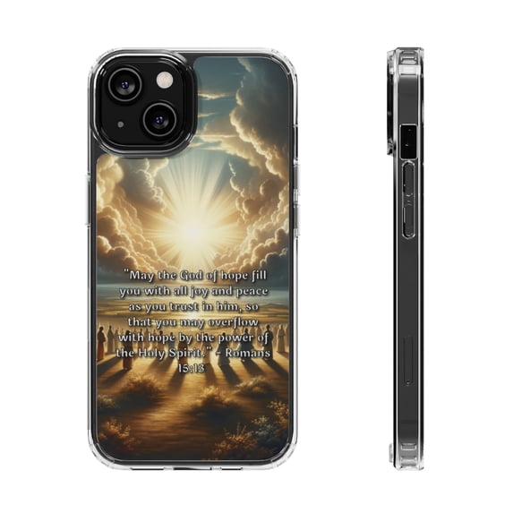 DistinctInk Hybrid (Acrylic / TPU) Clear Slim Fit Case for Apple iPhone 12 (6.1" Screen) - "Overflowing with Hope: Romans 15:13 - A Message of Joy and Peace"