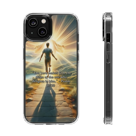 DistinctInk Hybrid (Acrylic / TPU) Clear Slim Fit Case for Apple iPhone 12 (6.1" Screen) - "The Lord Makes Firm: Psalm 37:23 Encourages Delightful Steps"
