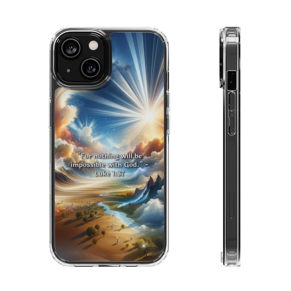 DistinctInk Hybrid (Acrylic / TPU) Clear Slim Fit Case for Apple iPhone 12 MINI (5.4" Screen) - "Luke 1:37 Proclaims the Power of God's Infinite Possibilities"