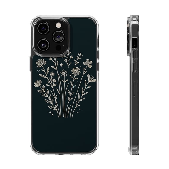 DistinctInk Clear Hybrid Case for Apple iPhone 12 Pro Max (6.7" Screen) - Blossoming Joy: Delicate Minimalistic Spring Flowers - Wireless Charging Compatible