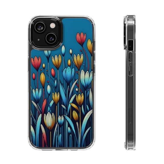 DistinctInk Hybrid (Acrylic / TPU) Clear Slim Fit Case for Apple iPhone 13 MINI (5.4" Screen) - "Cartoon-like Spring Flowers: Vibrant and Minimalistic"