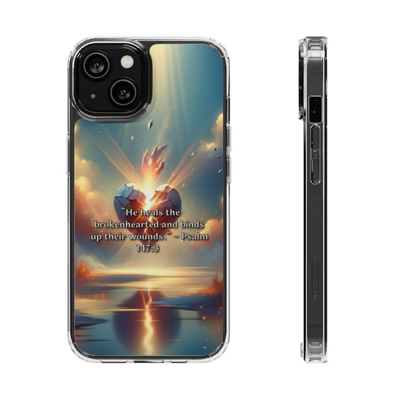 DistinctInk Hybrid (Acrylic / TPU) Clear Slim Fit Case for Apple iPhone 13 MINI (5.4" Screen) - "Healing the Brokenhearted: Psalm 147:3 Offers Comforting Wisdom"