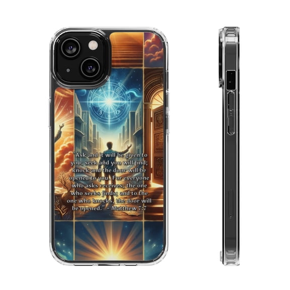 DistinctInk Clear Hybrid Case for Apple iPhone 13 Mini (5.4" Screen) - The Power of Asking, Seeking, and Knocking - Raised Bezel Screen Guard