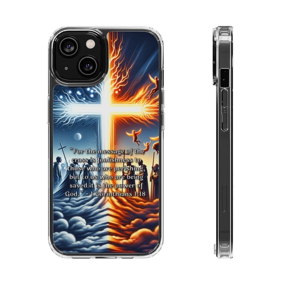 DistinctInk Clear Hybrid Case for Apple iPhone 13 Mini (5.4" Screen) - The Power of God in the Foolishness of the Cross - Shockproof Protection