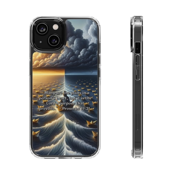 DistinctInk Clear Hybrid Case for Apple iPhone 13 Mini (5.4" Screen) - Proverbs 19:21 - Raised Bezel Screen Guard