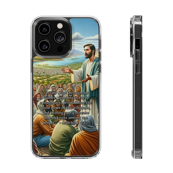 DistinctInk Clear Hybrid Case for Apple iPhone 13 Pro Max (6.7" Screen) - Matthew 4:23 - Slim Profile Design