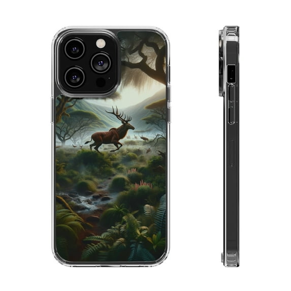DistinctInk Clear Hybrid Case for Apple iPhone 13 Pro Max (6.7" Screen) - Majestic Mythical Deer: Enchanting Forest of Whimsical Wildlife - Wireless Charging Compatible