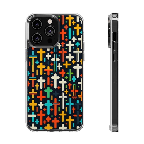 DistinctInk Hybrid (Acrylic / TPU) Clear Slim Fit Case for Apple iPhone 13 Pro MAX (6.7" Screen) - "Vibrant Christian Crosses in Minimalistic Pattern"