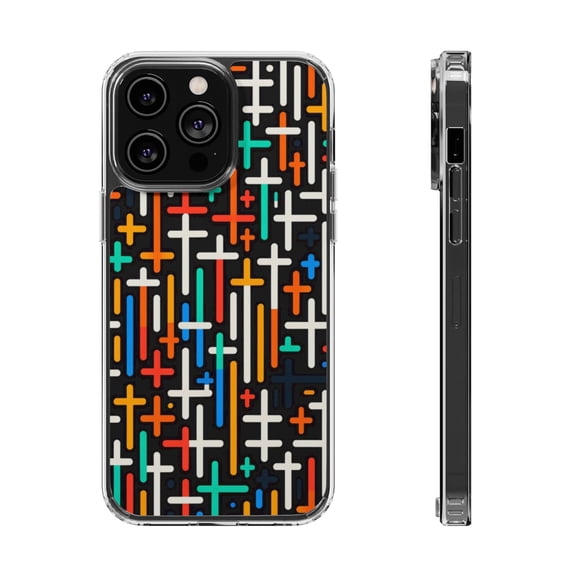 DistinctInk Clear Hybrid Case for Apple iPhone 13 Pro Max (6.7" Screen) - Vibrant Crosses: Bold and Colorful Christian Pattern - Wireless Charging Compatible