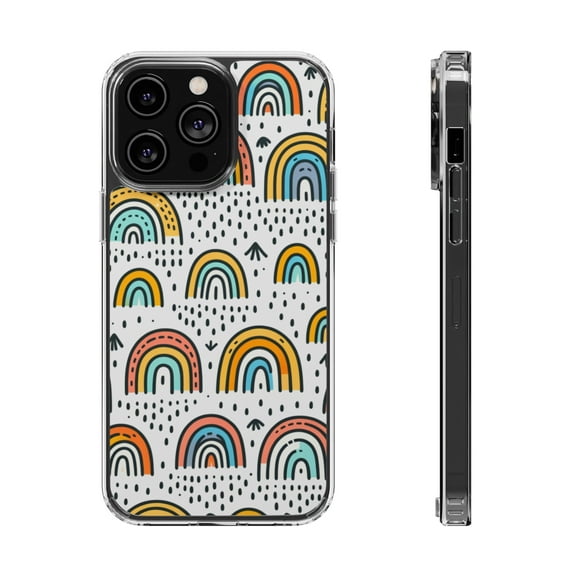 DistinctInk Clear Hybrid Case for Apple iPhone 13 Pro Max (6.7" Screen) - Whimsical Harmony: Vibrant, Hand-Drawn Rainbow Patterns - Tempered Glass Back