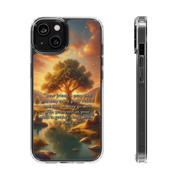 DistinctInk Hybrid (Acrylic / TPU) Clear Slim Fit Case for Apple iPhone 14 (6.1" Screen) - "Biblical Blessing: Good Health and Well-being in 3 John 1:2"