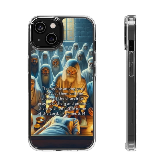 DistinctInk Hybrid (Acrylic / TPU) Clear Slim Fit Case for Apple iPhone 14 (6.1" Screen) - "Calling Upon the Church Elders for Divine Healing - James 5:14"