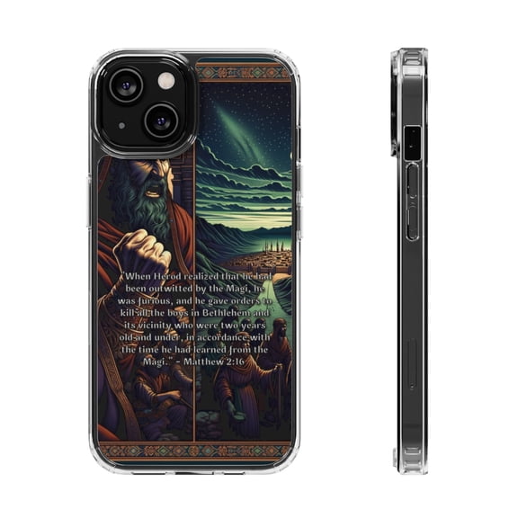 DistinctInk Clear Hybrid Case for Apple iPhone 14 (6.1" Screen) - Matthew 2:16 - Tempered Glass Back