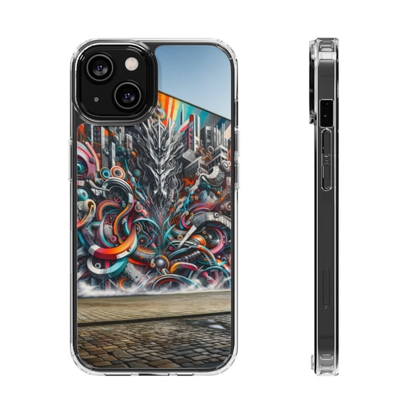 DistinctInk Hybrid (Acrylic / TPU) Clear Slim Fit Case for Apple iPhone 14 (6.1" Screen) - "Vivid City Vision: Unleashing Creative Passions on Concrete Walls"
