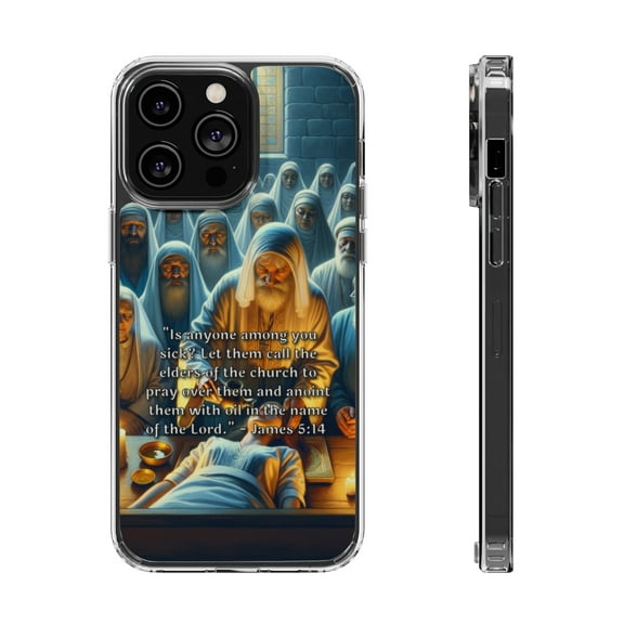 DistinctInk Hybrid (Acrylic / TPU) Clear Slim Fit Case for Apple iPhone 14 PLUS (6.7" Screen) - "Calling Upon the Church Elders for Divine Healing - James 5:14"