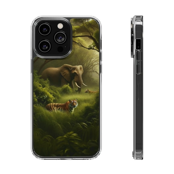 DistinctInk Hybrid (Acrylic / TPU) Clear Slim Fit Case for Apple iPhone 14 PLUS (6.7" Screen) - "Jungle Encounter: A Bengal Tiger and African Elephant"
