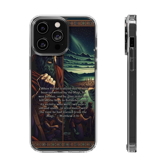 DistinctInk Clear Hybrid Case for Apple iPhone 14 Pro (6.1" Screen) - Matthew 2:16 - Tempered Glass Back
