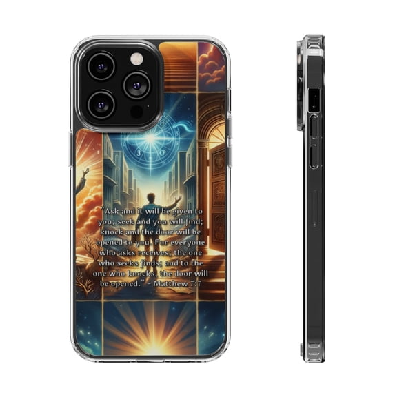 DistinctInk Clear Hybrid Case for Apple iPhone 14 Pro (6.1" Screen) - The Power of Asking, Seeking, and Knocking - Wireless Charging Compatible