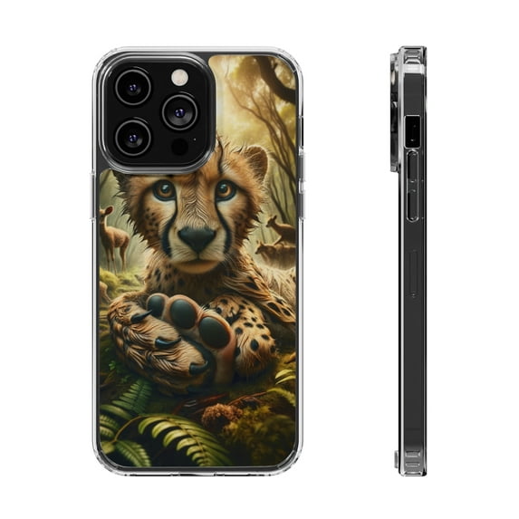 DistinctInk Clear Hybrid Case for Apple iPhone 14 Pro (6.1" Screen) - Whimsical Cheetah: An Enchanting Encounter in the Forest - Shockproof Protection