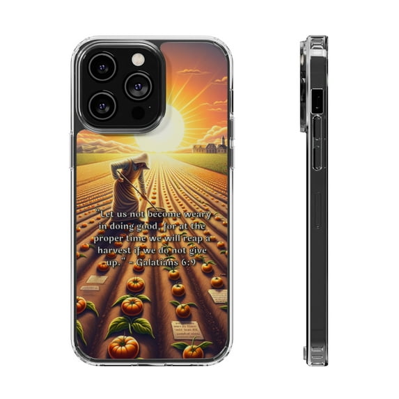 DistinctInk Hybrid (Acrylic / TPU) Clear Slim Fit Case for Apple iPhone 14 Pro MAX (6.7" Screen) - Galatians 6:9: Perseverance in Good Will Bring Reward