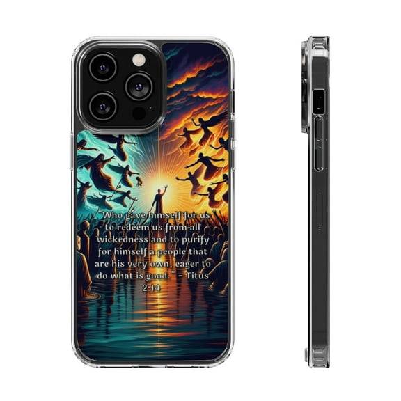 DistinctInk Clear Hybrid Case for Apple iPhone 14 Pro Max (6.7" Screen) - Redemption and Purification: Titus 2:14 Scripture Reflection - Lightweight Grip