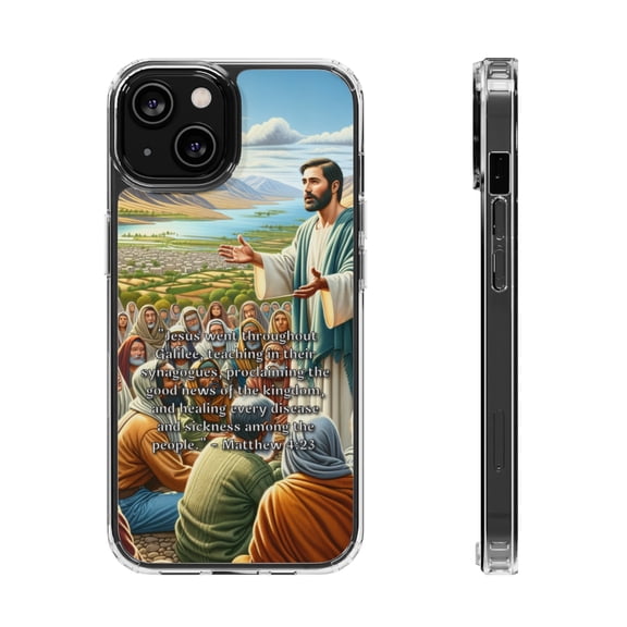 DistinctInk Clear Hybrid Case for Apple iPhone 15 (6.1" Screen) - Matthew 4:23 - Slim Profile Design