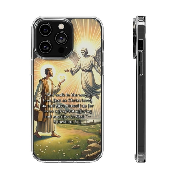 DistinctInk Clear Hybrid Case for Apple iPhone 15 Plus (6.7" Screen) - Walk in Love: Christ's Sacrificial Offering - Wireless Charging Compatible