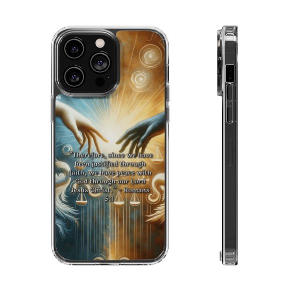 DistinctInk Hybrid (Acrylic / TPU) Clear Slim Fit Case for Apple iPhone 15 PLUS (6.7" Screen) - "Faith's Justification: Finding Peace with God - Romans 5:1"
