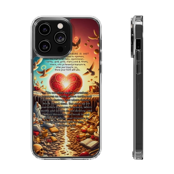 DistinctInk Clear Hybrid Case for Apple iPhone 15 Plus (6.7" Screen) - Storing Treasures: Earthly vs. Heavenly Abundance - Wireless Charging Compatible