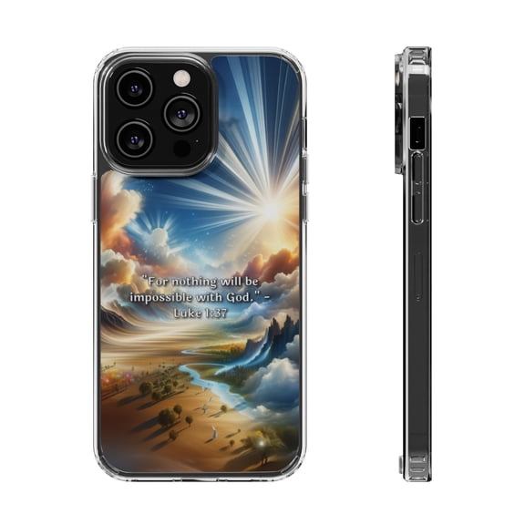 DistinctInk Hybrid (Acrylic / TPU) Clear Slim Fit Case for Apple iPhone 15 Pro (6.1" Screen) - "Luke 1:37 Proclaims the Power of God's Infinite Possibilities"