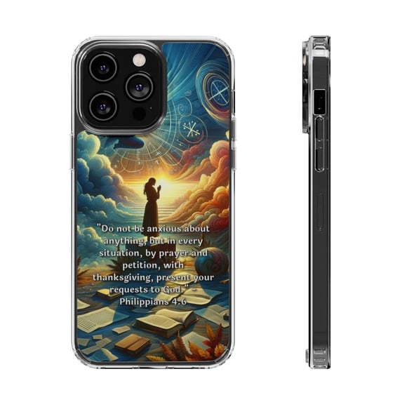 DistinctInk Clear Hybrid Case for Apple iPhone 15 Pro Max (6.7" Screen) - Philippians 4:6: Present Your Requests with Gratitude and Prayer - Raised Bezel Screen Guard