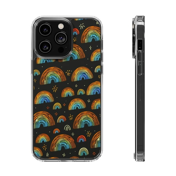 DistinctInk Clear Hybrid Case for Apple iPhone 15 Pro Max (6.7" Screen) - Scattered Spectrums: A Minimalistic Rainbow Pattern - Raised Bezel Screen Guard