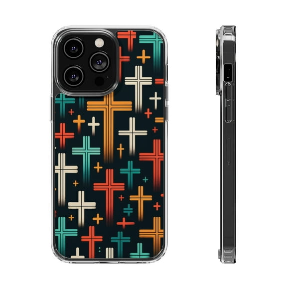 DistinctInk Clear Hybrid Case for Apple iPhone 15 Pro Max (6.7" Screen) - Vibrant Crosses on Solid Black: A Modern Symbolic Pattern - Tempered Glass Back