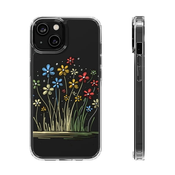 DistinctInk Clear Hybrid Case for Apple iPhone 12 (6.1" Screen) - Bursting Life: Vibrant Cartoon Spring Flowers - Slim Profile Design