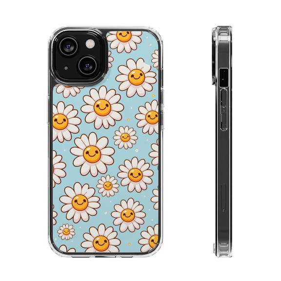 DistinctInk Hybrid (Acrylic / TPU) Clear Slim Fit Case for Apple iPhone 12 (6.1" Screen) - "Cheerful Daisies: Smiling Faces of Joy"