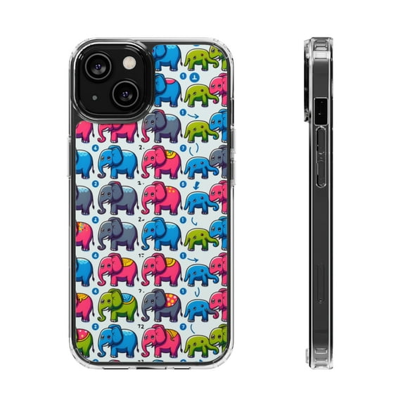 DistinctInk Hybrid (Acrylic / TPU) Clear Slim Fit Case for Apple iPhone 12 (6.1" Screen) - "Cheerful and Colorful Elephant Fiesta Pattern"