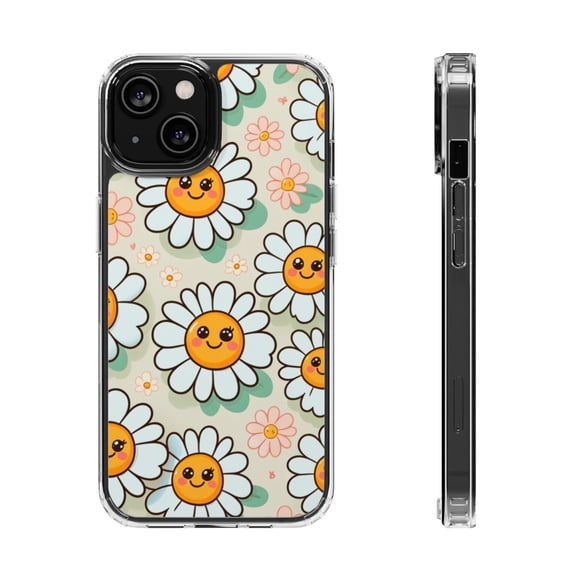 DistinctInk Hybrid (Acrylic / TPU) Clear Slim Fit Case for Apple iPhone 12 (6.1" Screen) - "Joyful Daisies: A Lively Cartoon Pattern"