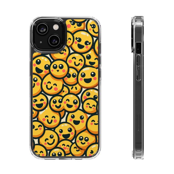 DistinctInk Clear Hybrid Case for Apple iPhone 12 (6.1" Screen) - Joyful Smiley Face Delightful Pattern - Tempered Glass Back