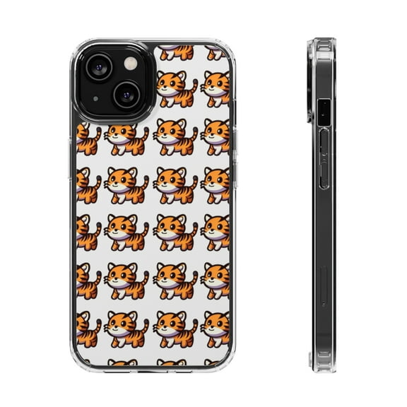 DistinctInk Clear Hybrid Case for Apple iPhone 12 (6.1" Screen) - Playful Tiger Pattern on Blank Background - Raised Bezel Screen Guard
