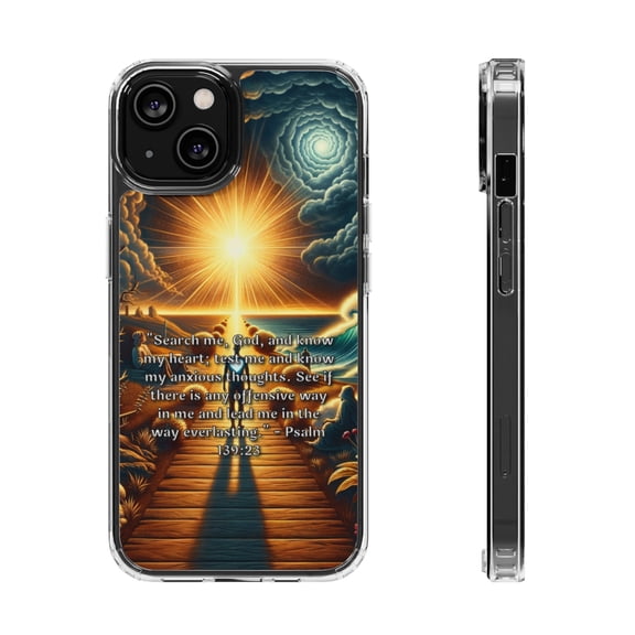 DistinctInk Hybrid (Acrylic / TPU) Clear Slim Fit Case for Apple iPhone 12 (6.1" Screen) - "Psalm 139:23 - A Prayer for Self-Reflection and Guidance"