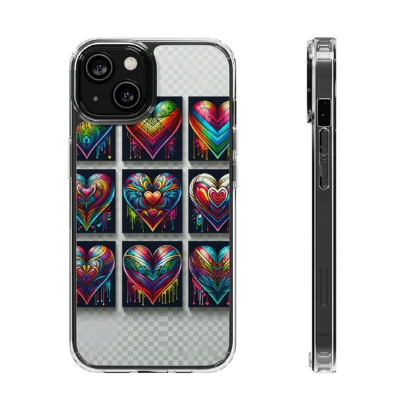 DistinctInk Hybrid (Acrylic / TPU) Clear Slim Fit Case for Apple iPhone 12 (6.1" Screen) - "Rainbow Prism Hearts: Vibrant and Intricate"