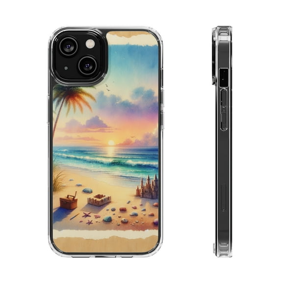 DistinctInk Clear Hybrid Case for Apple iPhone 12 Mini (5.4" Screen) - Seaside Serenity: Peaceful Sunset Beach - Slim Profile Design