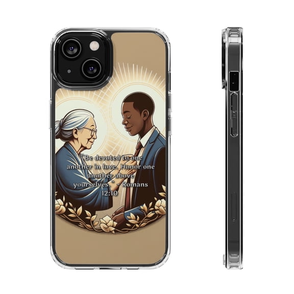 DistinctInk Hybrid (Acrylic / TPU) Clear Slim Fit Case for Apple iPhone 12 MINI (5.4" Screen) - "Devotion in Love: Romans 12:10 - Honor Above Self"