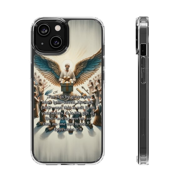 DistinctInk Clear Hybrid Case for Apple iPhone 12 Mini (5.4" Screen) - Saved by Grace, Not by Works. - Tempered Glass Back