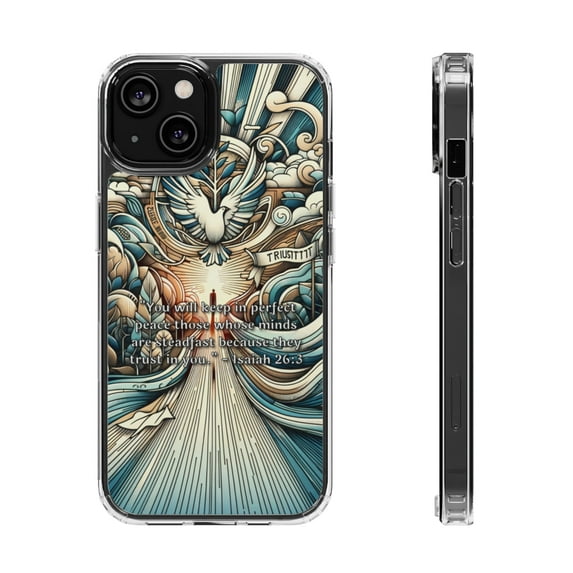 DistinctInk Clear Hybrid Case for Apple iPhone 12 Mini (5.4" Screen) - Peace Through Steadfast Trust: Isaiah 26:3 - Tempered Glass Back