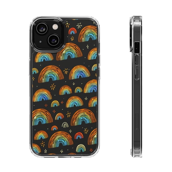 DistinctInk Clear Hybrid Case for Apple iPhone 12 Mini (5.4" Screen) - Scattered Spectrums: A Minimalistic Rainbow Pattern - Raised Bezel Screen Guard