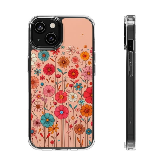 DistinctInk Hybrid (Acrylic / TPU) Clear Slim Fit Case for Apple iPhone 12 MINI (5.4" Screen) - "Vibrant Minimalist Cartoon Flowers in Bloom"